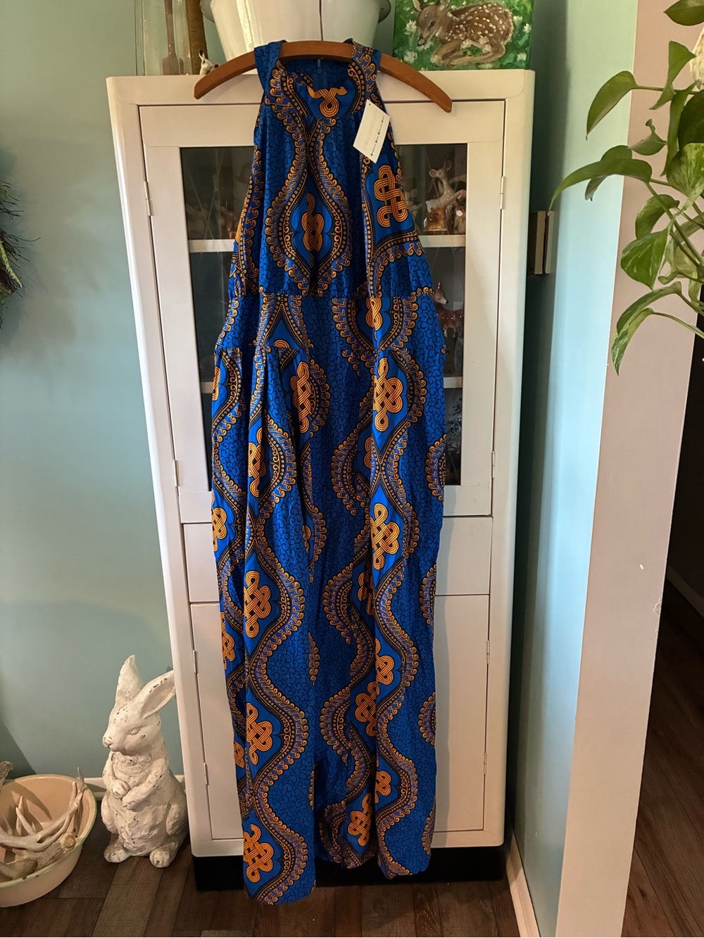 D’Iyanu sz 3X African Halter Blue & Gold Patterned Maxi Dress nwt